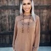 Bar T Boutique Corded Sweater Cutout Hoodie - Camel Tops