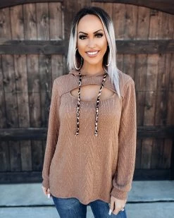 Bar T Boutique Corded Sweater Cutout Hoodie - Camel Tops