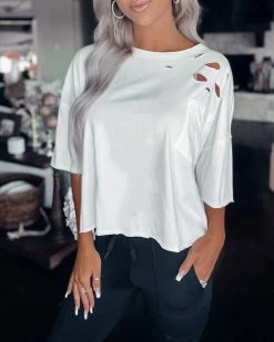 Bar T Boutique Vintage Distressed Oversized Crop Tee - White