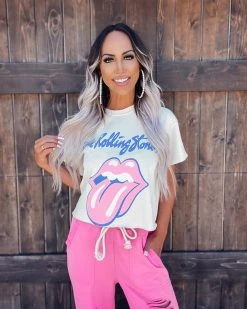 Bar T Boutique LLC What's New! Rolling Stones Crop Tee - Ivory