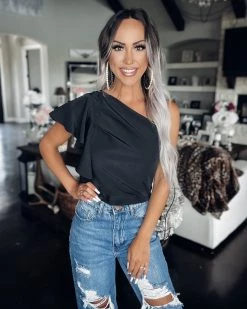 Bar T Boutique LLC Ready For Fame Pleated One Shoulder Top - Black