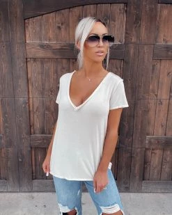 Bar T Boutique Ever So Soft Raw Cut Vneck Top - Soft Cream