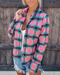 Bar T Boutique LLC What's New! Lock In Love Plaid Button Down - Pink/Jade