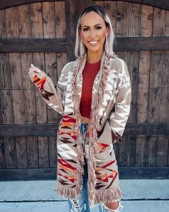 Bar T Boutique Lonesome Dove Aztec Fringed Cardigan - Taupe Outerwear