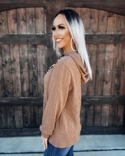 Bar T Boutique Corded Sweater Cutout Hoodie - Camel Tops