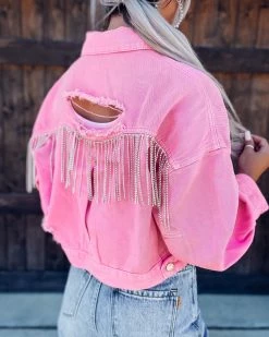Bar T Boutique LLC Ready To Slay Rhinestone Denim Jacket - Pink