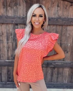 Bar T Boutique LLC She's A Dreamer Leopard Satin Top - Coral