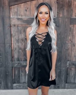Bar T Boutique What's New! Different Direction Satin Lace Up Dress - Black