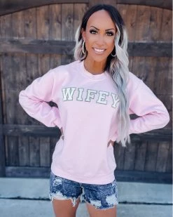 Bar T Boutique LLC Metallic Wifey Patch Sweatshirt - Light Pink What's New!