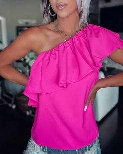 Bar T Boutique LLC Guard Your Heart Ruffle One Shoulder Top - Hot Pink