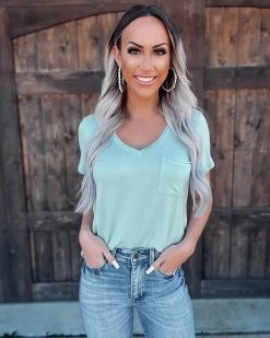 Bar T Boutique Premium V-Neck Pocket Tee - Seafoam
