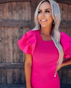 Bar T Boutique LLC What's New! Weekday Chic Ruffle Shoulder Dress - Hot Pink