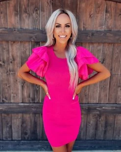 Bar T Boutique LLC What's New! Weekday Chic Ruffle Shoulder Dress - Hot Pink