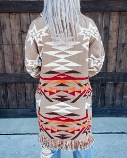 Bar T Boutique Lonesome Dove Aztec Fringed Cardigan - Taupe Outerwear