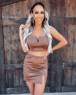 Bar T Boutique LLC Here She Comes Suede Skirt Set - Mocha