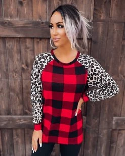 Bar T Boutique Leopard Sleeve Buffalo Plaid Tunic Tops