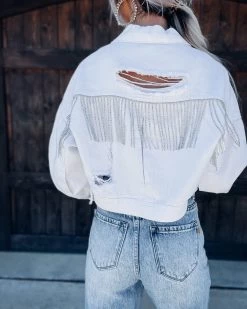 Bar T Boutique LLC Ready To Slay Rhinestone Denim Jacket - White