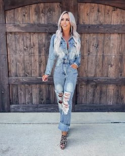 Bar T Boutique LLC Weekend Crush Distressed Denim Jumpsuit