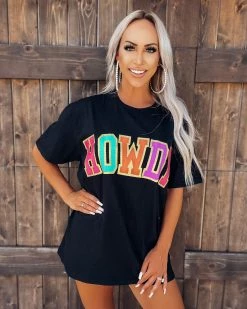 Bar T Boutique LLC What's New! HOWDY Glitter Patch Graphic Tee - Black