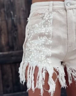 Bar T Boutique LLC Adorned Sequin Fringe Denim Shorts - Oatmeal What's New!