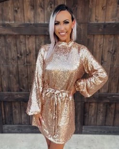 Bar T Boutique Shining Star Mock Neck Sequin Dress - Gold