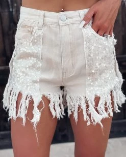 Bar T Boutique LLC Adorned Sequin Fringe Denim Shorts - Oatmeal What's New!