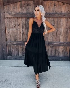Bar T Boutique LLC Sweet Beginnings Crochet Midi Dress - Black