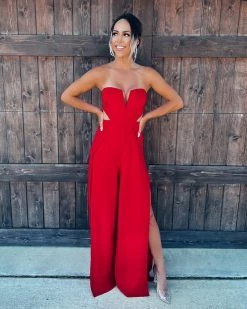 Bar T Boutique Sweet Talk Double Slit Jumpsuit - Red