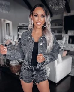 Bar T Boutique LLC Ready To Slay Rhinestone Denim Jacket - Black What's New!