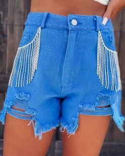 Bar T Boutique LLC Rhinestone Angel Denim Shorts - Blue