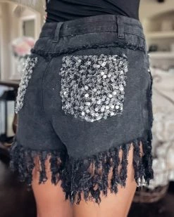 Bar T Boutique LLC Adorned Sequin Fringe Denim Shorts - Black What's New!