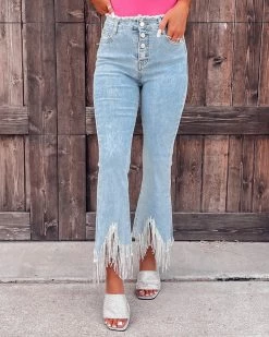 Bar T Boutique LLC Iconic Rhinestone Fringe Denim Pants - Blue