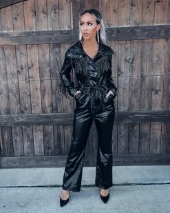 Bar T Boutique Endless Fringe Faux Leather Jumpsuit