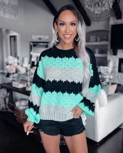 Bar T Boutique LLC What's New! Isn't She Lovely Stripe Knit Sweater - Black/Aqua