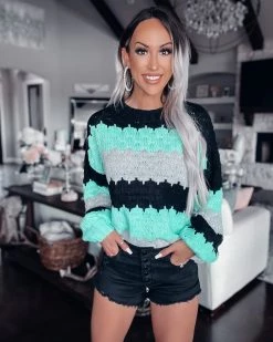 Bar T Boutique LLC What's New! Isn't She Lovely Stripe Knit Sweater - Black/Aqua