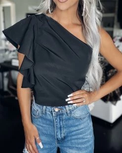 Bar T Boutique LLC Ready For Fame Pleated One Shoulder Top - Black