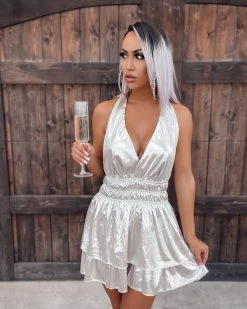 Bar T Boutique Time To Shine Metallic Halter Romper - Silver Dresses