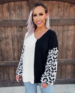 Bar T Boutique Play Along Leopard Sleeve Contrast Sweater