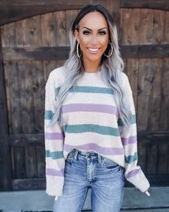 Bar T Boutique Tops In The Mix Stripe Sweater - Teal/Lavender