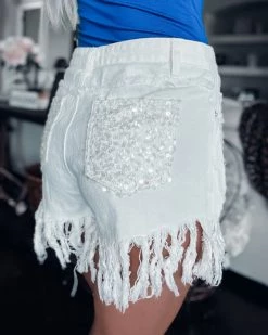 Bar T Boutique LLC Adorned Sequin Fringe Denim Shorts - Ivory What's New!