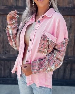 Bar T Boutique LLC Soft & Sweet Plaid Denim Shacket - Pink What's New!