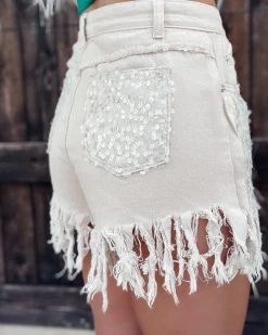Bar T Boutique LLC Adorned Sequin Fringe Denim Shorts - Oatmeal What's New! 5 Bar T Boutique LLC Adorned Sequin Fringe Denim Shorts - Oatmeal What's New!
