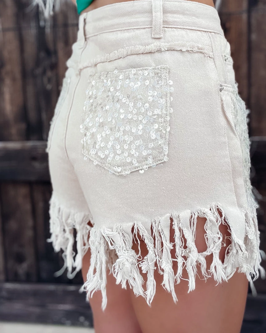Bar T Boutique LLC Adorned Sequin Fringe Denim Shorts - Oatmeal What's New! 3 Bar T Boutique LLC Adorned Sequin Fringe Denim Shorts - Oatmeal What's New!