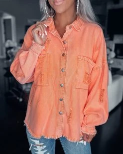 Bar T Boutique LLC Summer Fun Distressed Shacket - Neon Orange What's New!