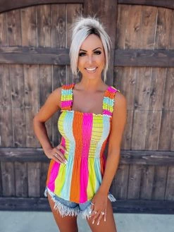 Bar T Boutique LLC Front & Center Stripe Smocked Tank - Neon