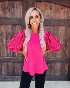Bar T Boutique LLC What's New! Prim & Proper Sequin Sleeve Top - Fuchsia